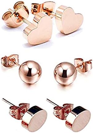 18K Rose Gold Plated Titanium Steel Classic Simple Heart round bean 6mm ball 3 Pairs Stud Earrings Gift For Woman And Girls