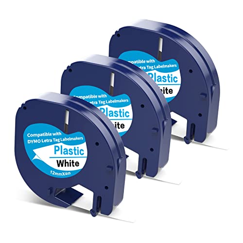 3 x Labels Compatible with Dymo Label Tape Letratag 12 mm x 4 m Tapes Compatible with Dymo Letratag Labeling Machine XR LT-100H LT-100T, Black on White