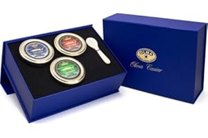 OLMA World Caviar Imported Black Caviar Gift Box - Includes 6 oz of Osetra, White Sturgeon, Siberian Osetra Aurora & Mother of Pearl Serving Spoon - Overnight Delivery
