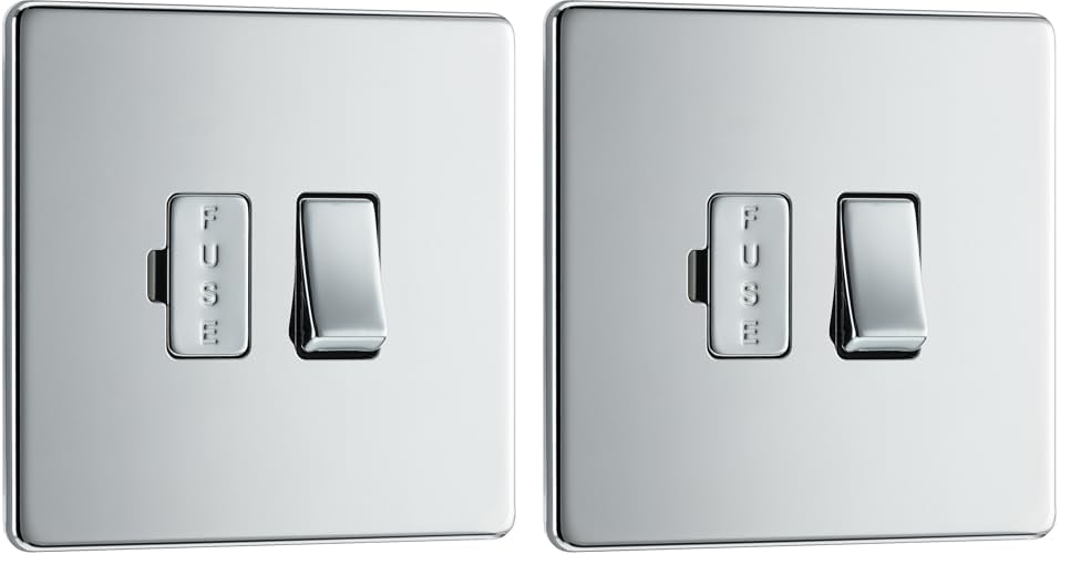 BG Electrical Switched Fused Connection Unit, Fused Spur Switch, Double Pole, Screwless Front Plate, Slim Profile, Premium Flatplate, Polished Chrome, 13A, FPC50 (Pack of 2)