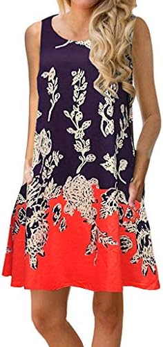 Women Dresses, BOLUBILUY Sleeveless Halter Floral Print Casual Mini Dress O-Neck Loose A-Line Skirt Tunic Swing T-Shirt