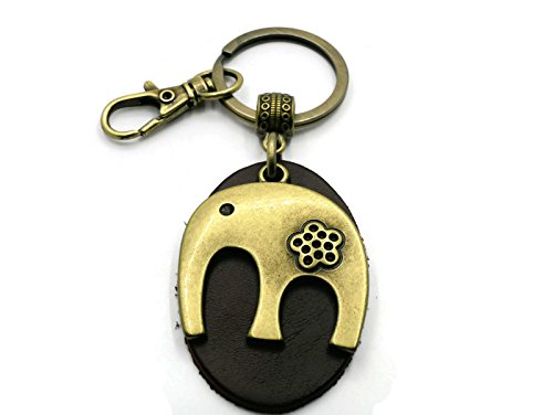 BrownBeans, Homemade Leather Cute Charm Elephant Keychain Key Chain Keyring Fob Holder with Small Clip (BBKC2003) (Brown - Brass Tone)