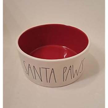Rae Dunn Christmas SANTA PAWS LL 6 White Ceramic Pet Bowl Red Inside