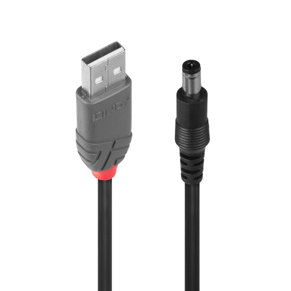 Lindy 1.5m USB to 2.1mm Inner / 5.5mm Outer DC Cable, Black