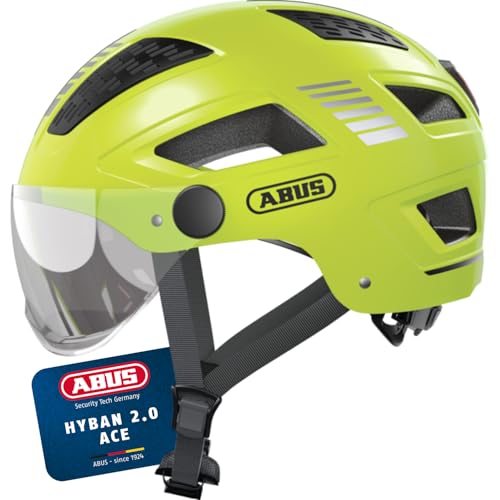 ABUS Stadthelm Hyban 2.0 ACE - Fahrradhelm mit Visier, Licht und ABS-Hartschale - für Damen und Herren - Gelb, Größe M, M (52-58 cm)
