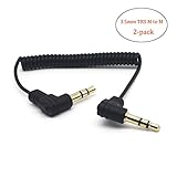 Riipoo Coiled 3.5mm Audio Cable - 2-Pack 30cm Mini Coiled 3.5mm Headphone Cable, 90 Degree 1/8" 3.5mm TRS Jack Male to Male Stereo Aux Audio Coiled Cord (M - M)