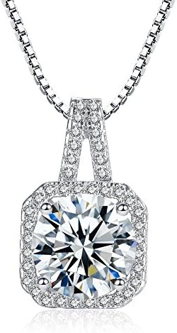 WOODY Platinum-Plated Solitaire Cubic Zirconia Halo Crystal Pendant Necklace Silver Box Chain,18''
