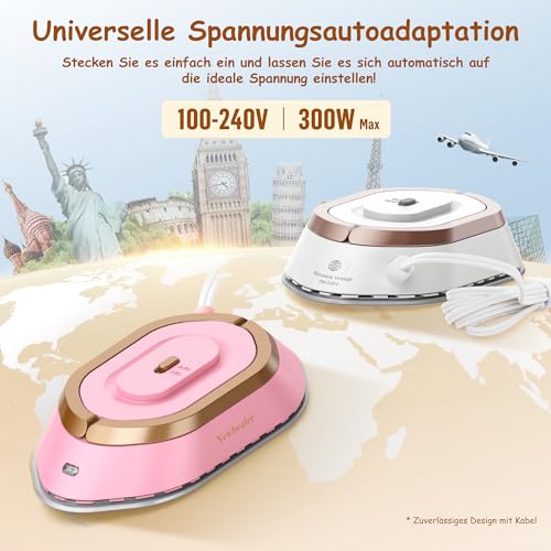 Newbealer Mini Travel Iron with Universal Voltage 100-240V, Compact Iron for Clothes (No Steam), Ceramic Surface, 150°C Hot Press with Spray Bottle, Bag and Silicone Stand, Gold