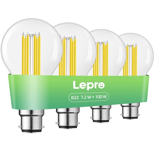 Lepro B22 Bayonet Light Bulb, A-Rated Ultra-efficient LED Bulb, 7.2W = 100W, 1521lm, 2700K Warm White, 50000H Lifespan, Clear Filament, Vintage Glass, Non-dimmable, Pack of 4