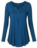 Vinmatto Women's Long Sleeve Henley V Neck Pleated Button Details Tunic Shirt Top(XXL,Dark Blue)