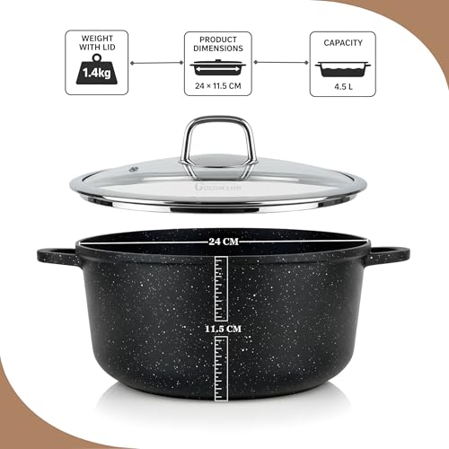 GOLDMANN Cast Aluminium Saucepan 24 cm - 4.5 L Non-Stick Ceramic Marble Look Glass Lid Induction Suitable for All Hobs Oven Safe and PFOA Free