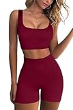QINSEN 2 Piece Workout Set for Women Ribbed Square