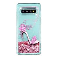 Miagon Liquid Silicone Case for Samsung Galaxy S10 Plus,Soft Glitter Shockproof Cover Floating Bling Sparkle Shiny Quicksand Liquid Clear Protective Case Phone Case Cover-Pink High Heels