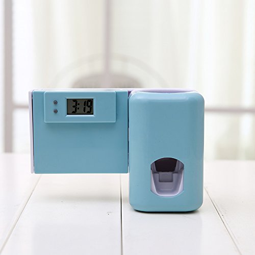 Toothbrush Holder Wekity Toothpaste Automatic Dispenser Anti-dust Cover Toothbrush Holder Squeezer Kit with Electric Watch, 3 Holders Wall Mounted Bathroom Accessories Storage Set (Blue)