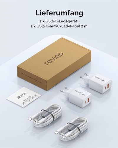 30W USB C Ladegerät 2-Stück GaN Schnellladegerät mit 60W Kabel 2M