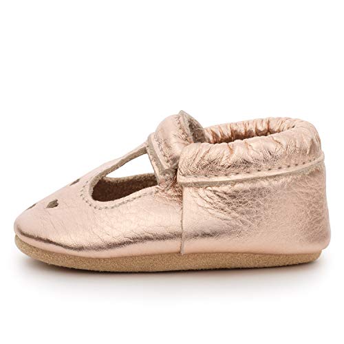 BirdRock Baby Mary Jane Moccasins - Genuine Leather Soft Sole Baby Girl Shoes for Newborns, Infants, Babies, and Toddlers (Rose Gold, US 6.5)