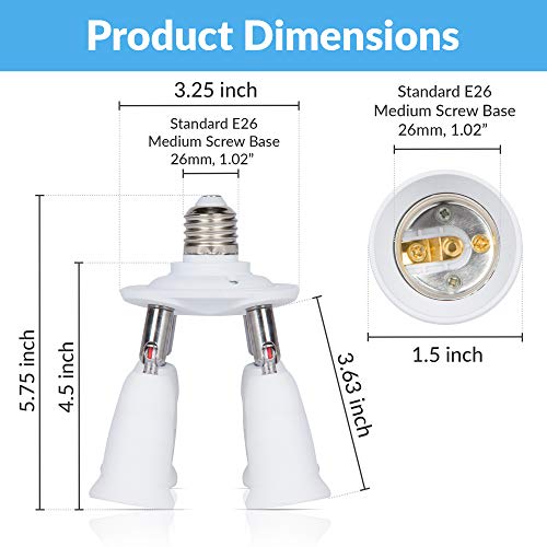 Simba Lighting E26 Light Bulb Socket Adapter Splitter to 4 Heads White Finish with Fully Adjustable Angles for Wide Coverage, Indoor and Outdoor Use for Ceiling Light or Lamp, Medium Screw Base