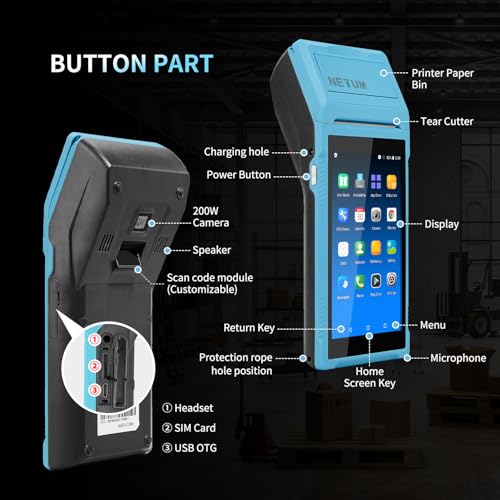 NETUM Handheld PDA Android 11.0 POS Terminal Receipt Printer Data Collector Portable Barcode Scanner Handheld Bluetooth USB WiFi BT4.0 BLUE (Included Paper Scroll 58 * 35)