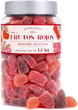 Gominolas Frutos Rojos 1,2 kg Bote Grande. Surtido de Caramelos de Goma Fresa Uva Cereza, Chuches Blandas Sin Gluten y Sin Lactosa, Ideal para Fiestas Cumpleaños Candy Bar.