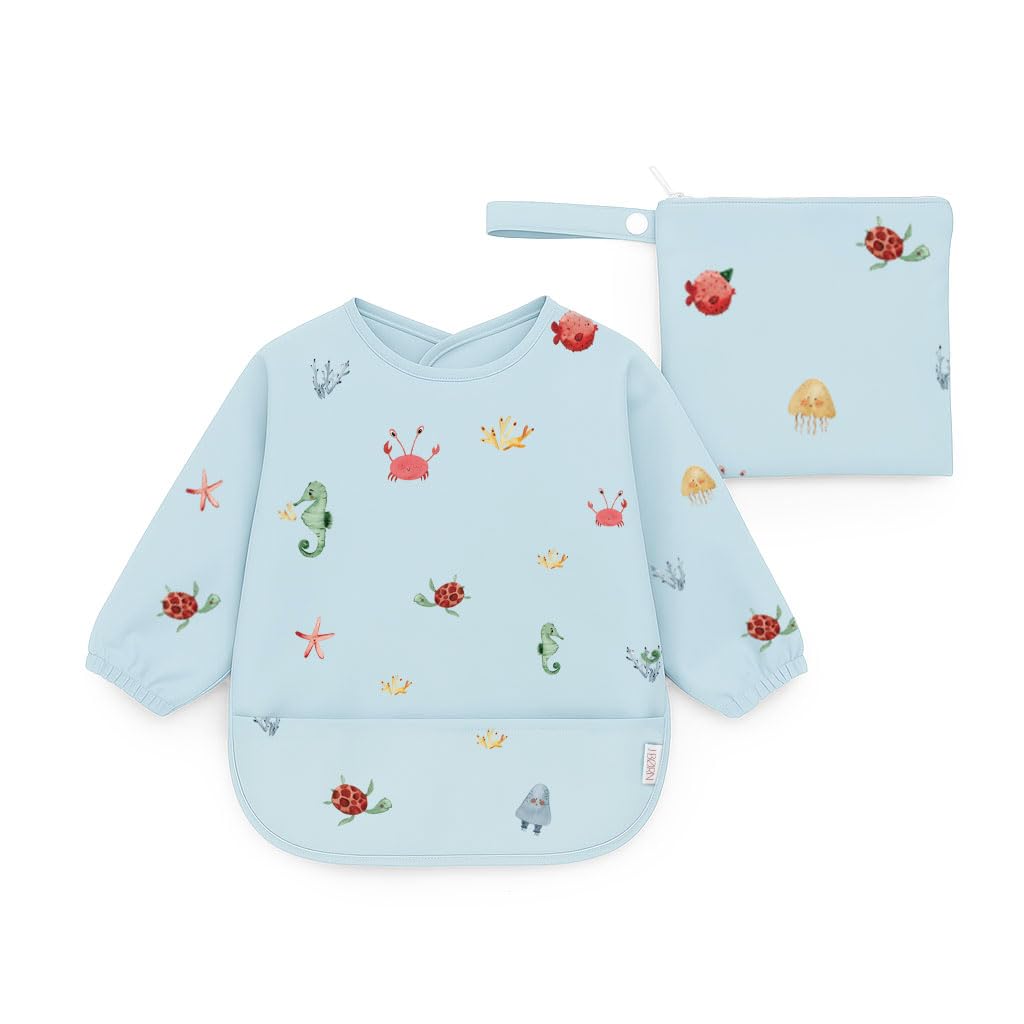J.Børn BLW Long Sleeve Baby Feeding Bib 6-12M - Waterproof Coverall Weaning Bibs + Free Matching Storage Bag for Baby Led Weaning (Ocean)