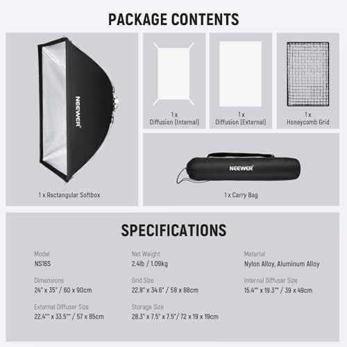 NEEWER 24"x35" Quick Setup Foldable Rectangular Strip Softbox Bowens Mount with Diffusers/Honeycomb Grid/Bag, Compatible with Godox Aputure 120d Video Lights Q4 Studio Flash Strobes, NS16S
