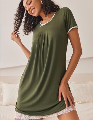Hotouch Ladies Sleepshirts Causal Short Sleeve Nightwear Soft Chemise Nightgown Lace Trim Nightdress Scoopneck Sleepdress (Green, Medium)