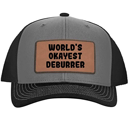 World's Okayest Deburrer - Leather Dark Brown Patch Engraved Trucker Hat, Grey-Steel, One Size