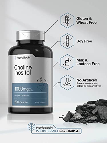 Horbaach Choline Inositol 1000 Mg, Sin Omg, Suplemento Sin Gluten - 200 Cápsulas