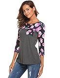 Sherosa Women's Floral Print 3 4 Sleeve Pocket T-Shirt Casual Blouse Tops