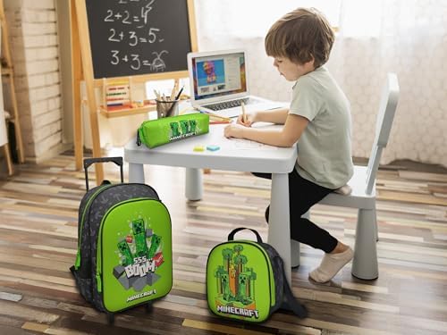 Carrinho Funcional, Escola, Viagens, 3 Pcs, Lancheira, Mala, Cor Verde, Produto Oficial, Minecraft