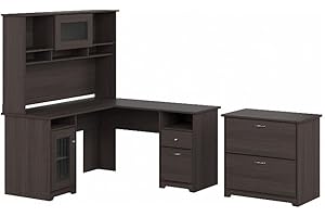 BUSH BUSINESS FURNITURE Bush Furniture Cabot 60W L Shaped Computer Desk with Hutch and Lateral File Cabinet in Heather Gray