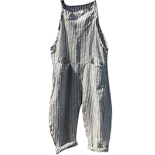 BEAUTYVAN Women Cotton Linen Cropped Pants Overalls Jumpsuits Stripe Poled Distressed Casual Loose Fit (XL, Black)