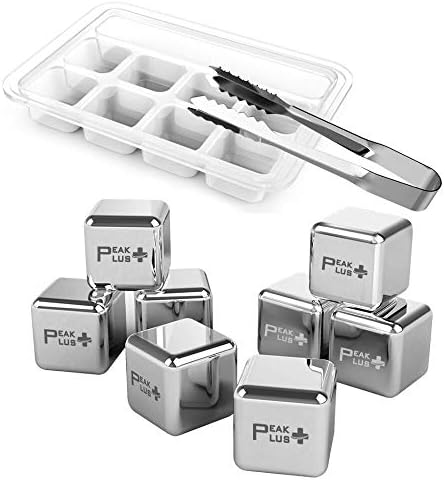 PeakPlus Reusable Ice Cubes [Pack of 8 & Tongs] - Stainless Steel Whiskey Stones, Chilling Rocks with Barman Tongs Best For Whiskey, Wine, Beer, Beverage and All Drinks