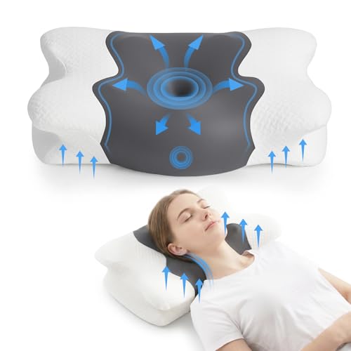 Almohada Cervicales y Cuello - Espuma Viscoelástica, Diseño Mariposa con Soporte Ergonómico y Transpirable, para Dormir de Lado, Boca Arriba y Boca Abajo, 60 x 40 x 10/13 cm, Gris Oscuro