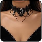 PINK TOWN Gothic Black Lace Choker Necklace for Women Goth Crystal Pendant Necklace Vintage Vampire Choker Necklace Christmas Halloween Birthday Jewelry Accessories