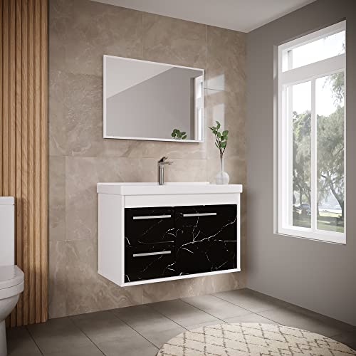 RIVERZZA Kit Gabinete Banheiro em MDF e Cuba + Espelheira - Potenza 63cm (PRETO)
