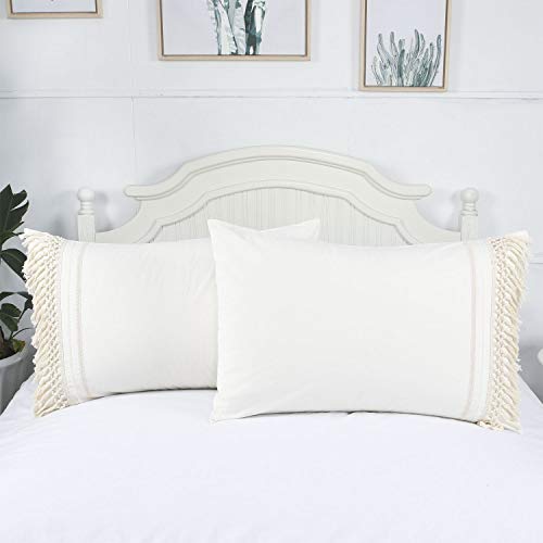 YINFUNG Tassel Pillow Shams King Boho Macrame Ivory Pillowcase Set of 2 Fringe Cream Off White Beige Cute Elegant Crochet Pretty 100% Cotton Romantic 20x36
