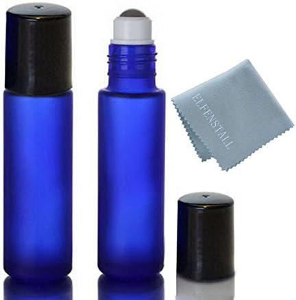 Simple-e- 6pcs 10ml (1/3oz) Frosted Cobalt Blue Roll on Glass Stainless Steel Roller Ball Essential Oils Bottle Perfume Heavy Thick Glass Bottles Glass Clean Cloth Black Cap