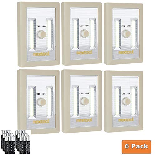 Battery (Included) Operated Adjustable Brightness LED Night Lights, 200 Lumen Cordless COB LED Light Switch, Wall Wireless Mount Under Cabinet, Tap Light, Shelf, Closet, Garage, Kitech & RV (6 Pack)