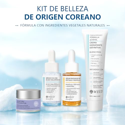 WEUD Skin Care Coreano 4 En 1 Kit, con 1 Crema Hidratante Niacinamida + 1 Crema para Cuello + 1 Serum Centella Asiatica + 1 Serum Péptidos Propóleo, Hidrata, Ilumina, Reduce Líneas Finas y Marcas de Acné