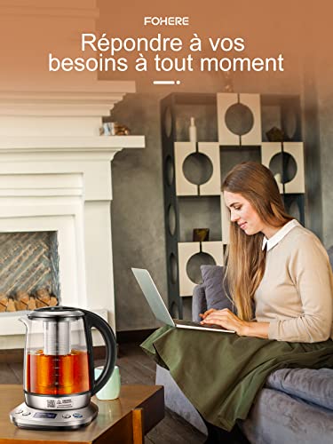 FOHERE Electric Glass Kettle, Adjustable Temperature Electric Teapot, 2200 W, 120 Mins Warm Function, Removable Tea Infuser 1.7 L