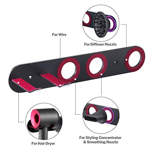 Oak Leaf 4-in-1 Hair Dryer Holder for Dyson, Wall Mount Metal Magnetic Blow Dryer Holder with Fuchsia Anti-Scratch Rubber Protection for Bathroom, Black