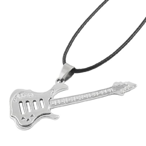 Black Strap ilver Tone Alloy Guitar Shaped Pendant Necklace
