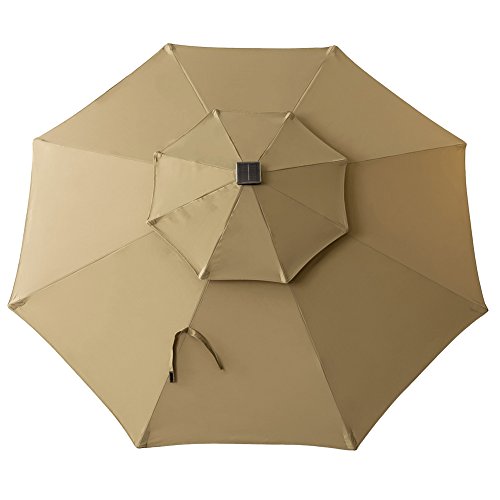 FLAME&SHADE 9 ft Double Top Solar Powered Outdoor Market Patio Table Umbrella with LED Lights and Tilt, Beige