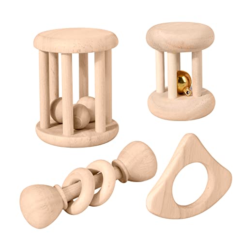 WODI 4 Piece Wooden Baby Rattle Toy Montessori Teething Ring Log Geometric Grab Toy Set Natural Wood Rattle Set for Infants and Toddlers