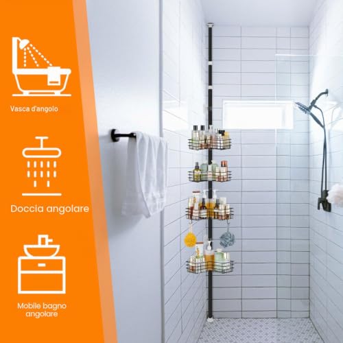 PORUGE Telescopic Corner Shower Shelf, Adjustable Shower Caddy Without Drilling, Metal Shower Shelf with 4 Shelves for Bathtub, 78-320 cm, Black