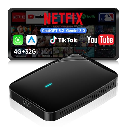 AI Box CarPlay, Android Auto Wireless CarPlay Adapter, 4G+32G, for Netflix/Youtube/TikTok, DriveChat AI, Bluetooth Lock, Split Screen, Dual Wi-Fi, Y Cable, CB4B