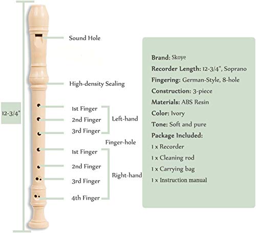 Skoye Soprano Recorder,Ivory White German Style 8 Hole with Cleaning Rod, Black Storage Bag