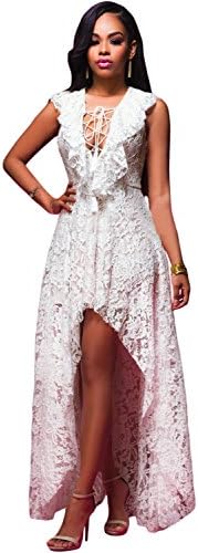 Firstshop Women's White Lace High Low Maxi Dress ((US 12-14)L)