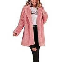 JOFOW Womens Solid Faux Fur Coat,New Warm Pocket Cardigans Fuzzy Basic Parka Winter Padded Lapel Fleece Jackets (M,Pink)